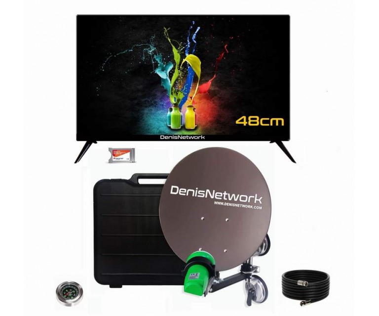Kit tv antenă camion / camping / rulotă, TV 48cm cu CARD si 1 lună inclusă, antenă cu ventuză dublă, alimentare 12/24V, slot CI+