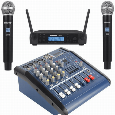 Pachet complet pentru performanțe audio profesionale: Mixer cu amplificare de 2x250W și Set de 2 microfoane profesionale wireless UHF