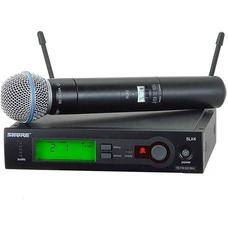 Microfon Wireless Profesional Shure SLX2/Beta 58A cu Stație SLX4, Selecție Automată a Frecvenței, Sistem Audio Hi-Fi Wireless, Ecran LCD