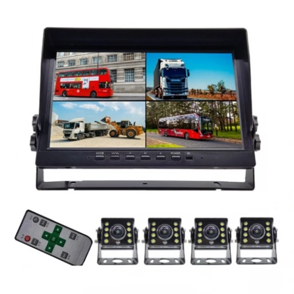 Kit monitorizare și supraveghere cu alimentare la 12v - 36v, 4 camere incluse cu funcție de night vision, Stocare pe card, Unghi 140°, Full HD Kit monitorizare și supraveghere cu alimentare la 12v - 36v, 4 camere incluse cu funcție de night vision, Stocare pe card, Unghi 140°, Full HD