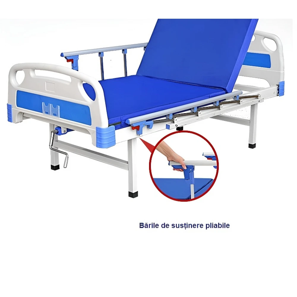 Pat de spital rabatabil, mecanic cu ridicare a spatelui si picioarelor, mobil cu 4 sectiuni, pentru ingrijire pacienti, din otel, cu saltea, suport perfuzie, roti mobile Pat de spital rabatabil, mecanic cu ridicare a spatelui si picioarelor, mobil cu 4 sectiuni, pentru ingrijire pacienti, din otel, cu saltea, suport perfuzie, roti mobile