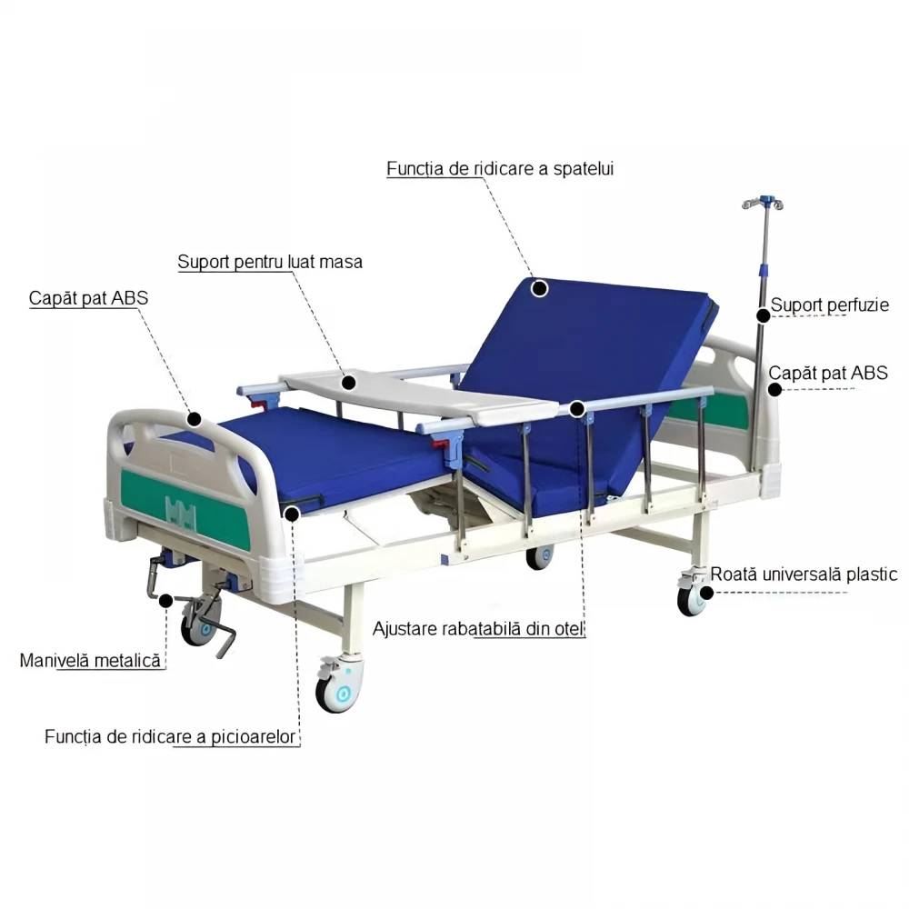 Pat de spital rabatabil, mecanic cu ridicare a spatelui si picioarelor, mobil cu 4 sectiuni, pentru ingrijire pacienti, din otel, cu saltea, suport perfuzie, roti mobile Pat de spital rabatabil, mecanic cu ridicare a spatelui si picioarelor, mobil cu 4 sectiuni, pentru ingrijire pacienti, din otel, cu saltea, suport perfuzie, roti mobile