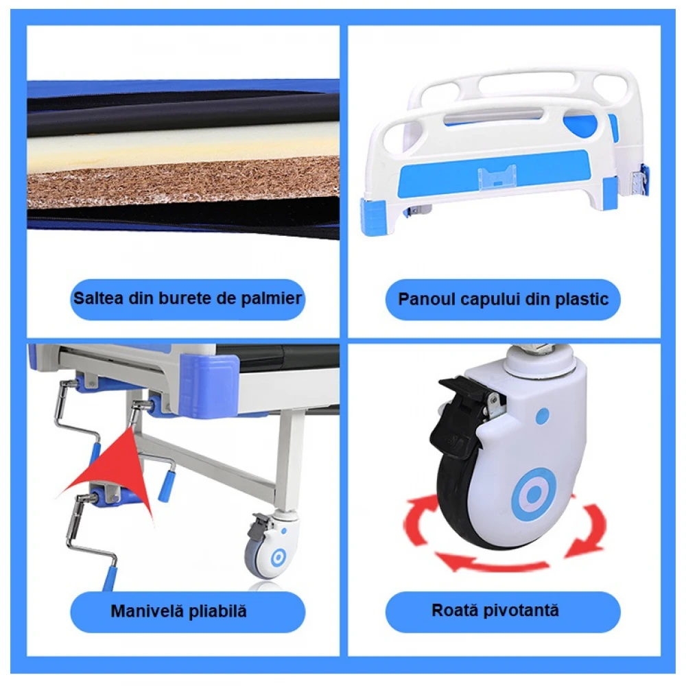 Pat de spital rabatabil, mecanic cu ridicare a spatelui si picioarelor, mobil cu 4 sectiuni, pentru ingrijire pacienti, din otel, cu saltea, suport perfuzie, roti mobile Pat de spital rabatabil, mecanic cu ridicare a spatelui si picioarelor, mobil cu 4 sectiuni, pentru ingrijire pacienti, din otel, cu saltea, suport perfuzie, roti mobile