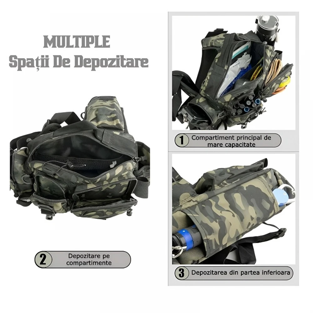 Rucsac Pescuit Multifuncțional, Geantă Impermeabilă pentru Unelte de Pescuit, Drumeții, Vânătoare, Umăr, Echipament Camping, Camuflaj