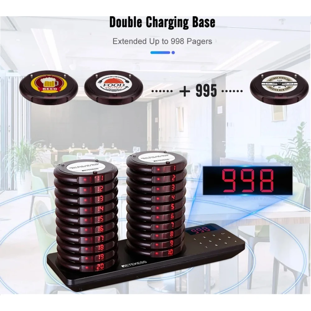 Kit pagere cu 20 canale pentru restaurante, fast-food, cafenele, sistem avansat de apelare fără fir Kit pagere cu 20 canale pentru restaurante, fast-food, cafenele, sistem avansat de apelare fără fir