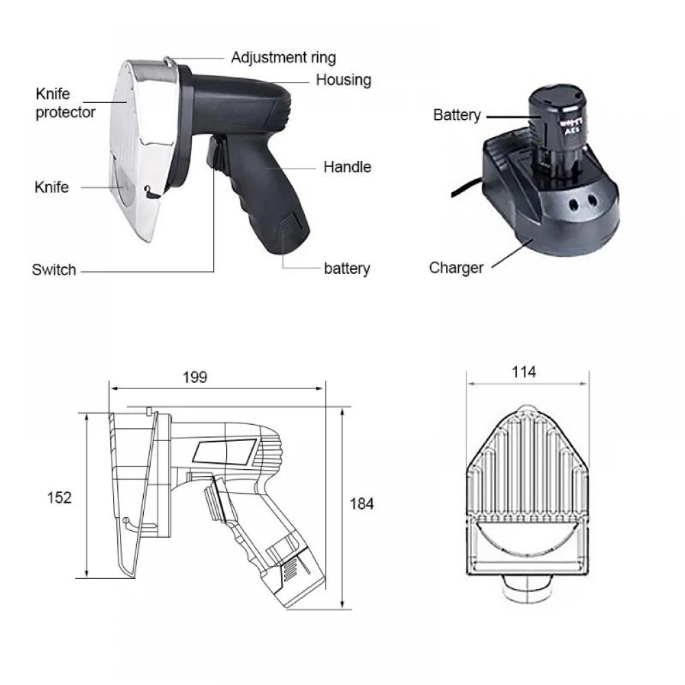 Cutit electric kebab/shaorma profesional fara fir, putere 80W, 2 baterii incluse, lama zimtata suplimentara Cutit electric kebab/shaorma profesional fara fir, putere 80W, 2 baterii incluse, lama zimtata suplimentara