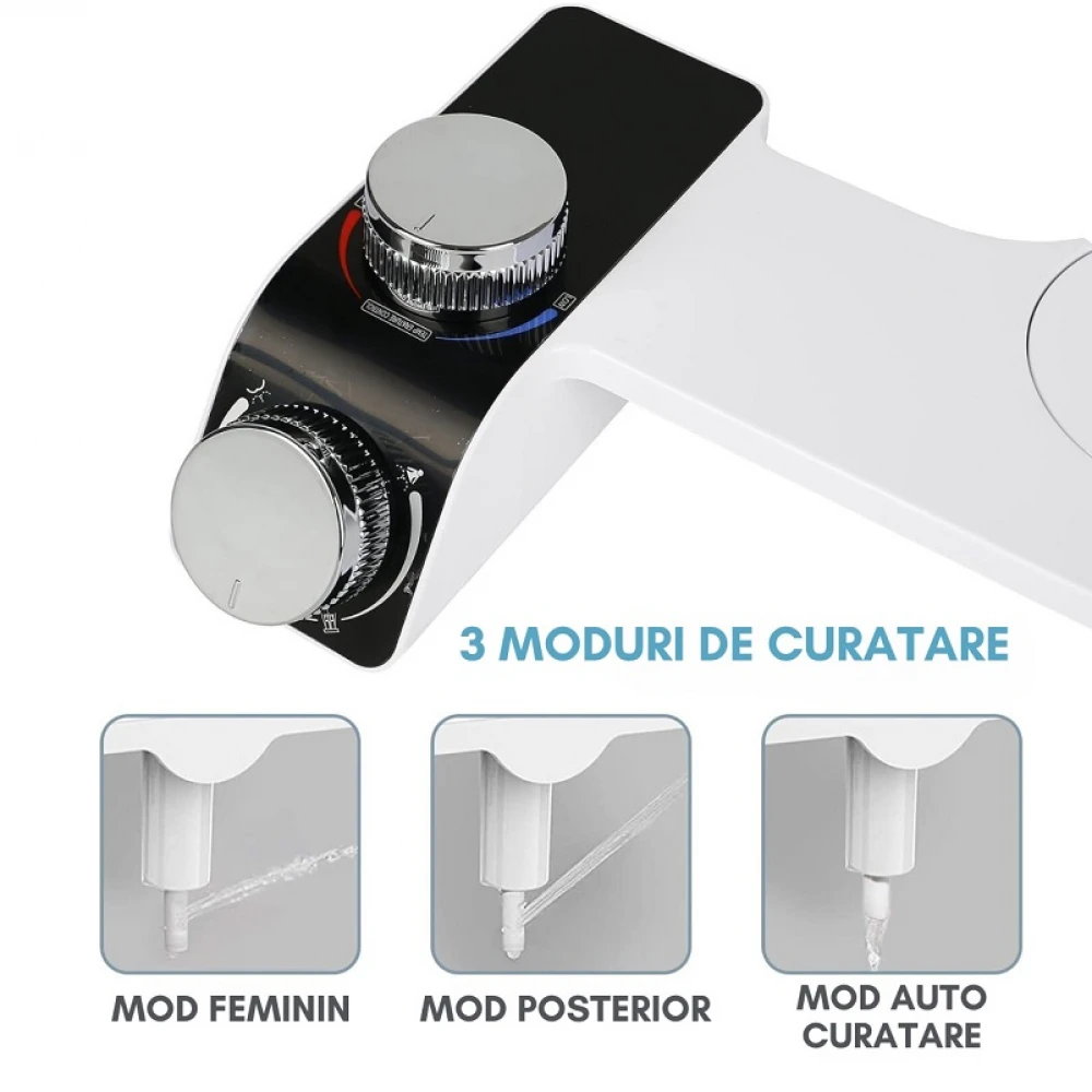 Bideu Non Electric Ultra Slim, Funcție de Apă Caldă și Rece, Presiune Ajustabilă, Montaj pe Vasul de Toaletă, Universal, Alb/Negru Bideu Non Electric Ultra Slim, Funcție de Apă Caldă și Rece, Presiune Ajustabilă, Montaj pe Vasul de Toaletă, Universal, Alb/Negru