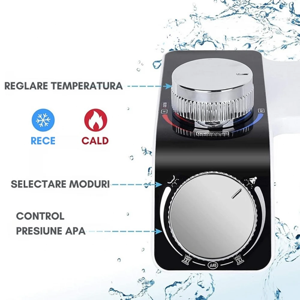 Bideu Non Electric Ultra Slim, Funcție de Apă Caldă și Rece, Presiune Ajustabilă, Montaj pe Vasul de Toaletă, Universal, Alb/Negru Bideu Non Electric Ultra Slim, Funcție de Apă Caldă și Rece, Presiune Ajustabilă, Montaj pe Vasul de Toaletă, Universal, Alb/Negru