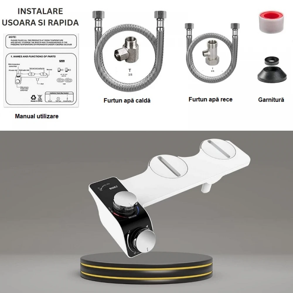 Bideu Non Electric Ultra Slim, Funcție de Apă Caldă și Rece, Presiune Ajustabilă, Montaj pe Vasul de Toaletă, Universal, Alb/Negru Bideu Non Electric Ultra Slim, Funcție de Apă Caldă și Rece, Presiune Ajustabilă, Montaj pe Vasul de Toaletă, Universal, Alb/Negru