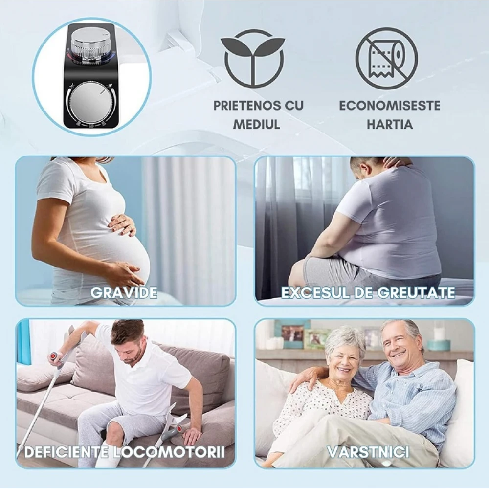 Bideu Non Electric Ultra Slim, Funcție de Apă Caldă și Rece, Presiune Ajustabilă, Montaj pe Vasul de Toaletă, Universal, Alb/Negru Bideu Non Electric Ultra Slim, Funcție de Apă Caldă și Rece, Presiune Ajustabilă, Montaj pe Vasul de Toaletă, Universal, Alb/Negru