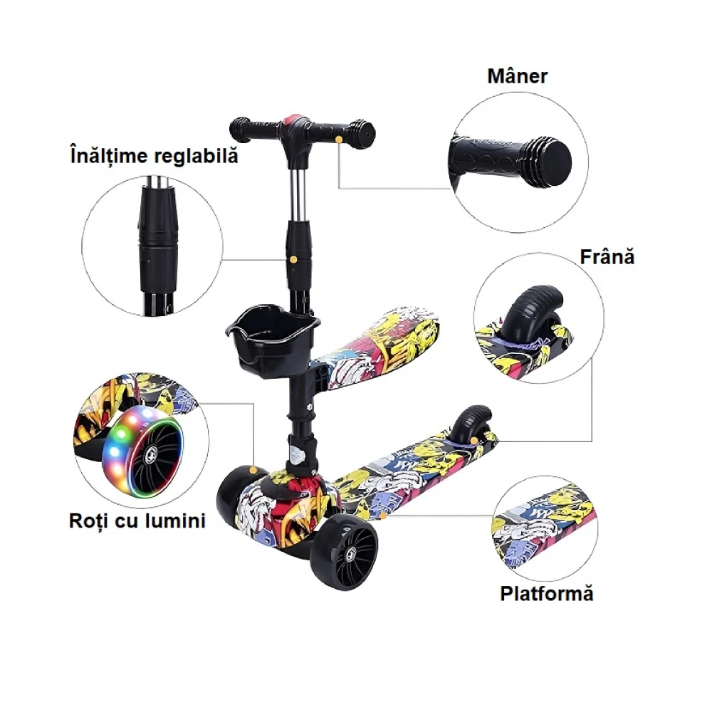 Trotinetă Pliabilă 2 în 1 pentru copii, cu șezut, lumini, roți din silicon, ghidon reglabil, Urban Grafitti Trotinetă Pliabilă 2 în 1 pentru copii, cu șezut, lumini, roți din silicon, ghidon reglabil, Urban Grafitti