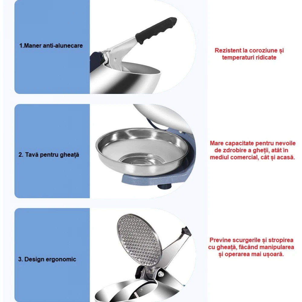 Mașină electrică de zdrobit gheață Supreme, profesională, 6 cuțite, 300W capacitate 65kg/h, 1400rpm Mașină electrică de zdrobit gheață Supreme, profesională, 6 cuțite, 300W capacitate 65kg/h, 1400rpm