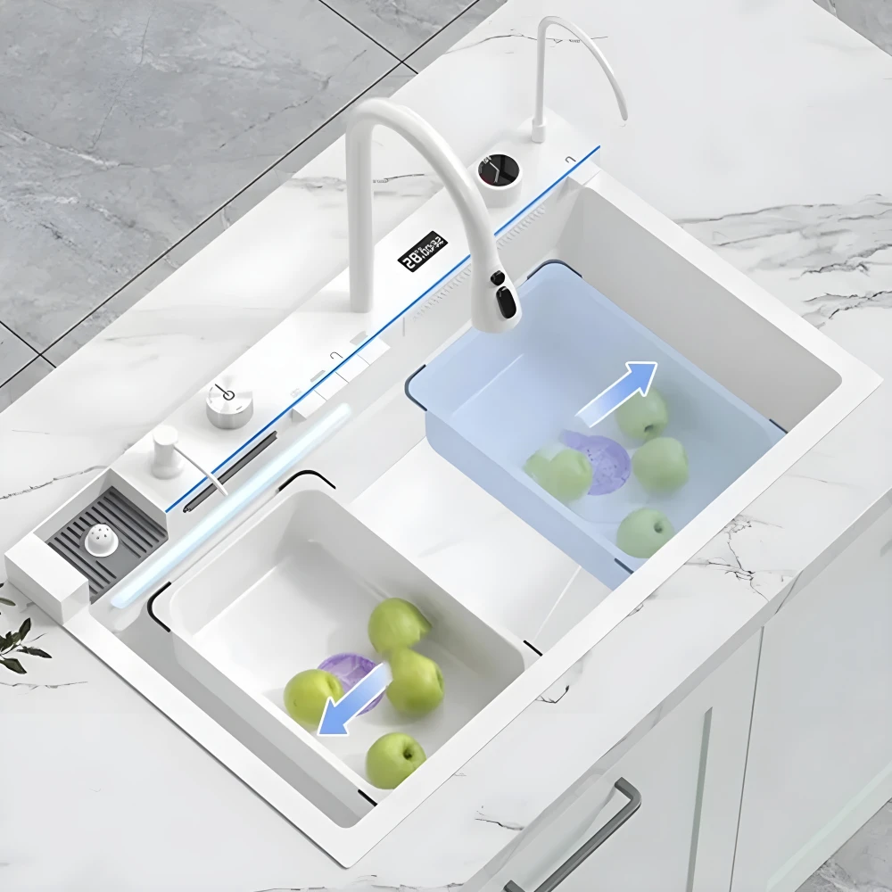 Chiuvetă Bucătărie Smart Multifuncțională Albă (6 funcții) - AQUA 3, Inox gri Antracit, 80 x 46 cm, cu display digital, cascadă, baterie filtru apă, dozator detergent, spălător pahare, suport cuțite, 2 tăvițe uscare + tocător Chiuvetă Bucătărie Smart Multifuncțională Albă (6 funcții) - AQUA 3, Inox gri Antracit, 80 x 46 cm, cu display digital, cascadă, baterie filtru apă, dozator detergent, spălător pahare, suport cuțite, 2 tăvițe uscare + tocător