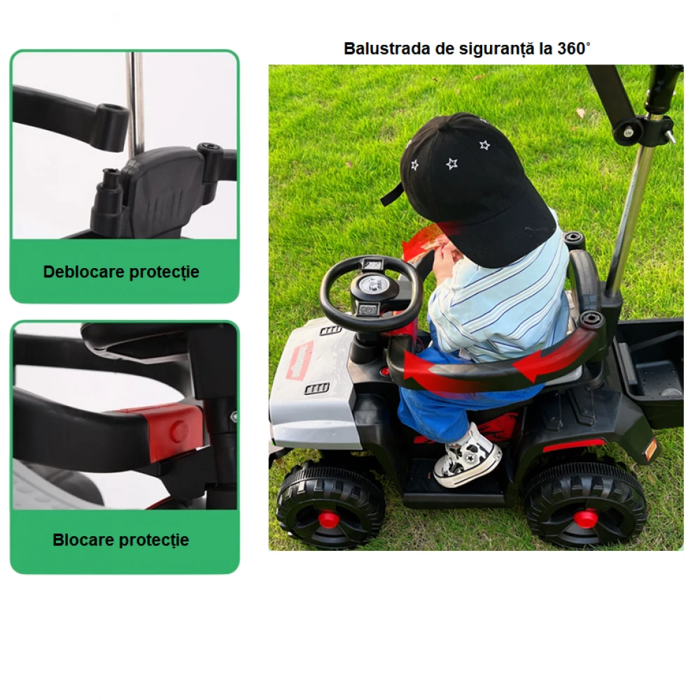 Mașină electrică pentru copii, ATV cu mâner de împins, telecomandă, muzică, lumini, scaun cu spătar înalt, parasolar, baterie 6V Mașină electrică pentru copii, ATV cu mâner de împins, telecomandă, muzică, lumini, scaun cu spătar înalt, parasolar, baterie 6V