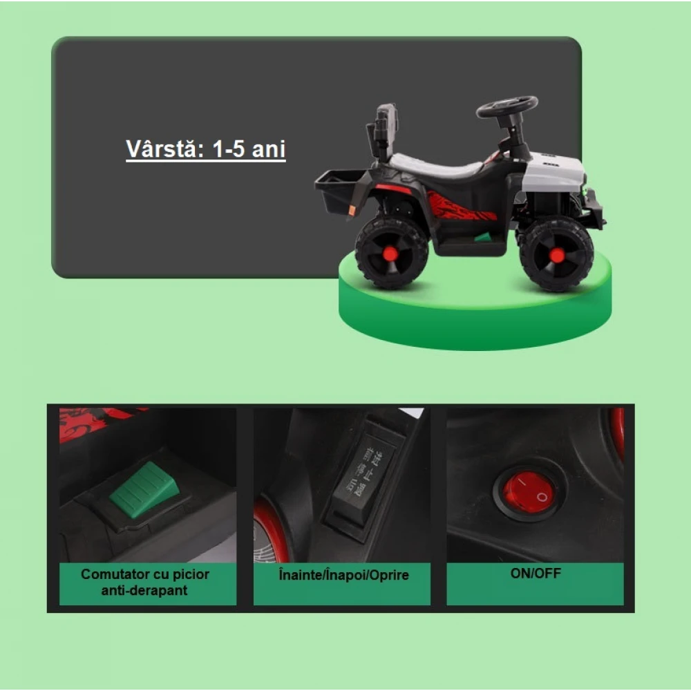 Mașină electrică pentru copii, ATV cu mâner de împins, telecomandă, muzică, lumini, scaun cu spătar înalt, parasolar, baterie 6V Mașină electrică pentru copii, ATV cu mâner de împins, telecomandă, muzică, lumini, scaun cu spătar înalt, parasolar, baterie 6V