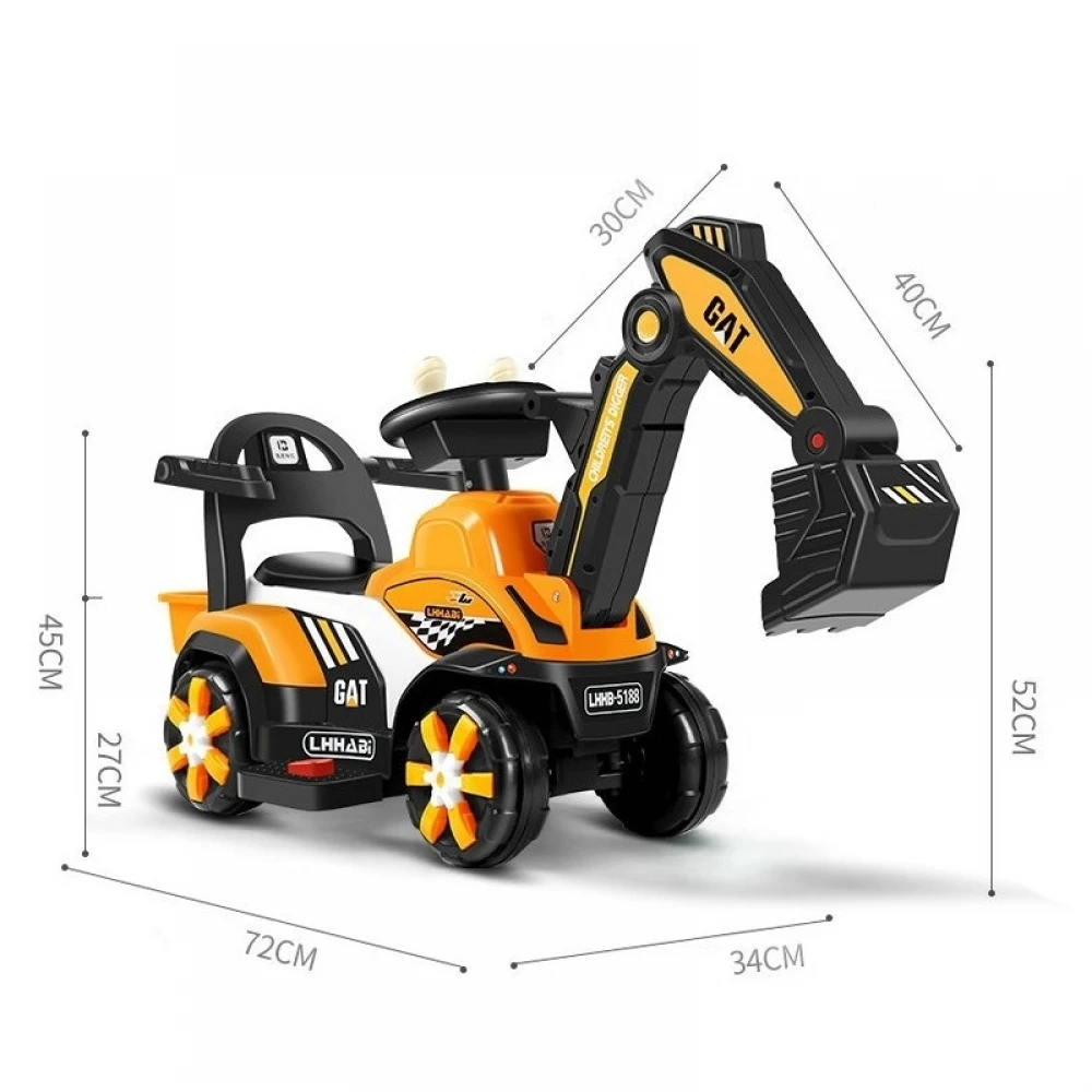 Mașinuță electrică Excavator pentru copii, braț electric cu manetă de control, spătar, bare laterale, 2-7ani, Portocaliu