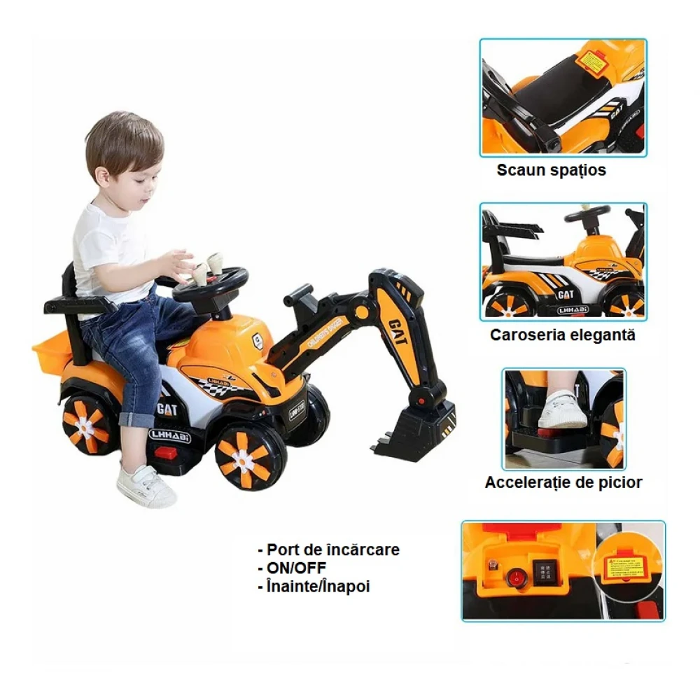 Mașinuță electrică tip Excavator pentru copii, volan, spătar, bare laterale, 2-7ani, Portocaliu Mașinuță electrică tip Excavator pentru copii, volan, spătar, bare laterale, 2-7ani, Portocaliu