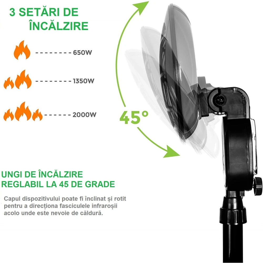 Încălzitor de terasă, 2000W, cu 3 trepte de încălzire, suport reglabil între 1,80 m și 2 m, montabil pe perete, culoare neagră Încălzitor de terasă, 2000W, cu 3 trepte de încălzire, suport reglabil între 1,80 m și 2 m, montabil pe perete, culoare neagră