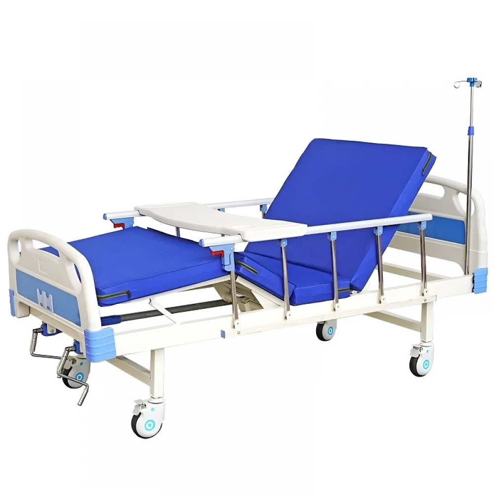Pat de spital rabatabil, mecanic cu ridicare a spatelui si picioarelor, mobil cu 4 sectiuni, pentru ingrijire pacienti, din otel, cu saltea, suport perfuzie, roti mobile