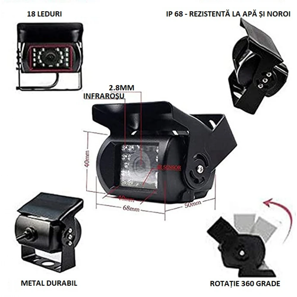 Kit monitorizare și supraveghere cu alimentare la 12v - 36v, 4 camere incluse cu funcție de night vision, Stocare pe card, Unghi 140°, Full HD Kit monitorizare și supraveghere cu alimentare la 12v - 36v, 4 camere incluse cu funcție de night vision, Stocare pe card, Unghi 140°, Full HD