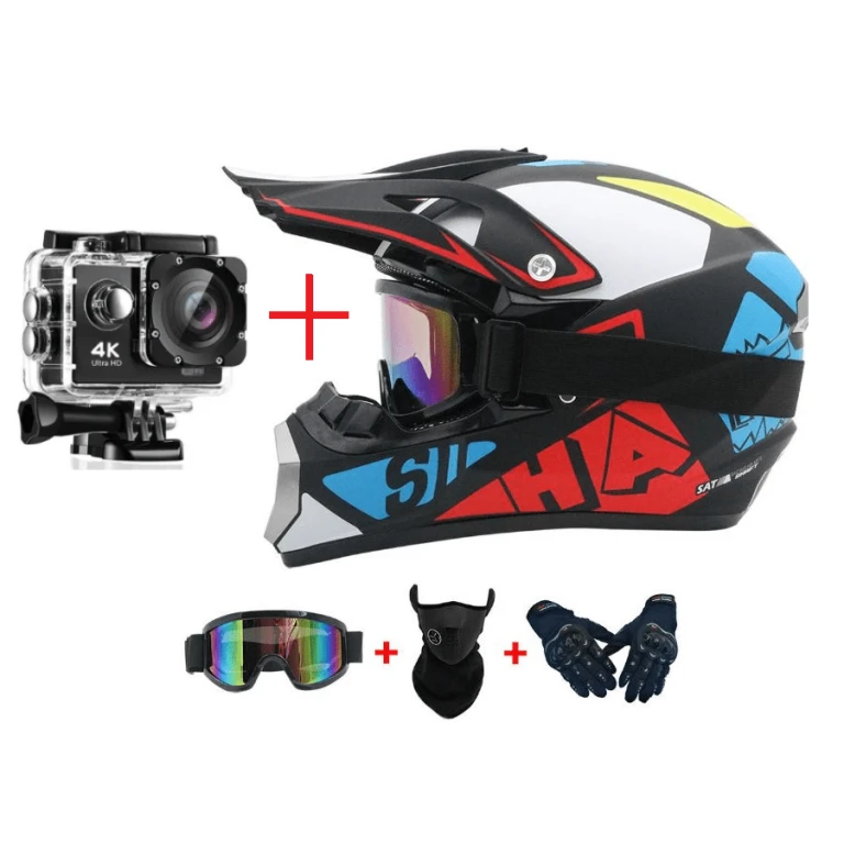 Pachet Cască Cross / Enduro/ Atv / Motocicletă + Camera Video Sport 4k Wi-Fi + Mănuși + Ochelari + Cagulă - Flytec™