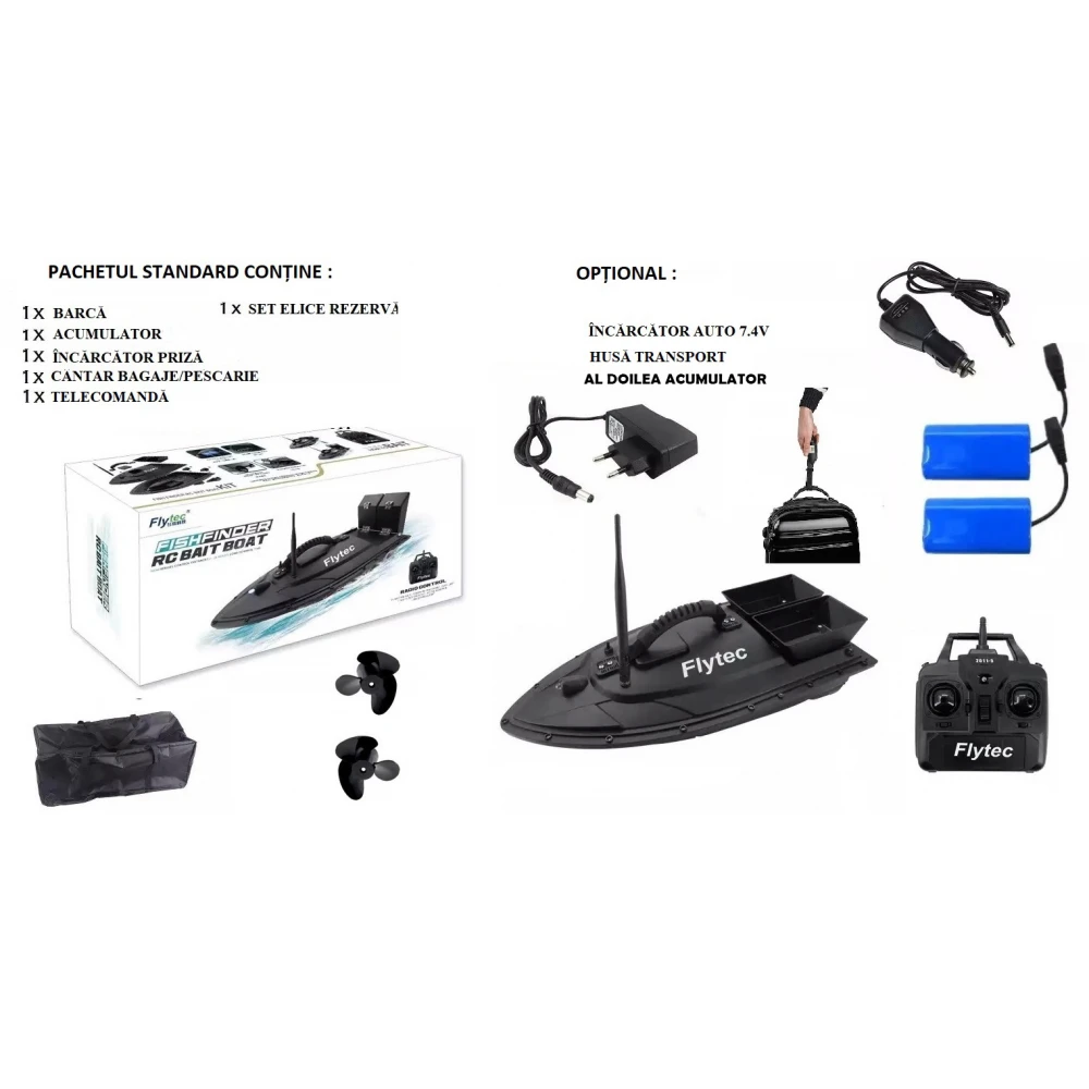 Barcă/Navomodel de pescuit plantat și nădit momeală la crap cu telecomandă Flytec D11, 2 cuve, 2 motoare, baterie 5200mAh