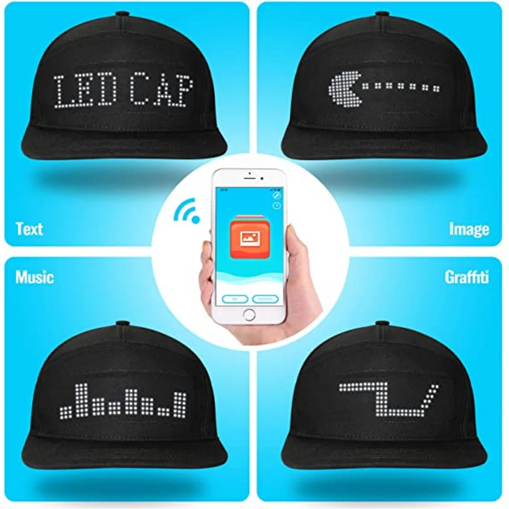 Șapcă led Bluetooth, ecran cu afișaj mesaje text multicolor, compatibil smartphone iOS și Android Șapcă led Bluetooth, ecran cu afișaj mesaje text multicolor, compatibil smartphone iOS și Android